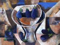 Ida González. Chile, 1934. Las berenjenas, óleo sobre tela, 100 x 100 cm., 2015